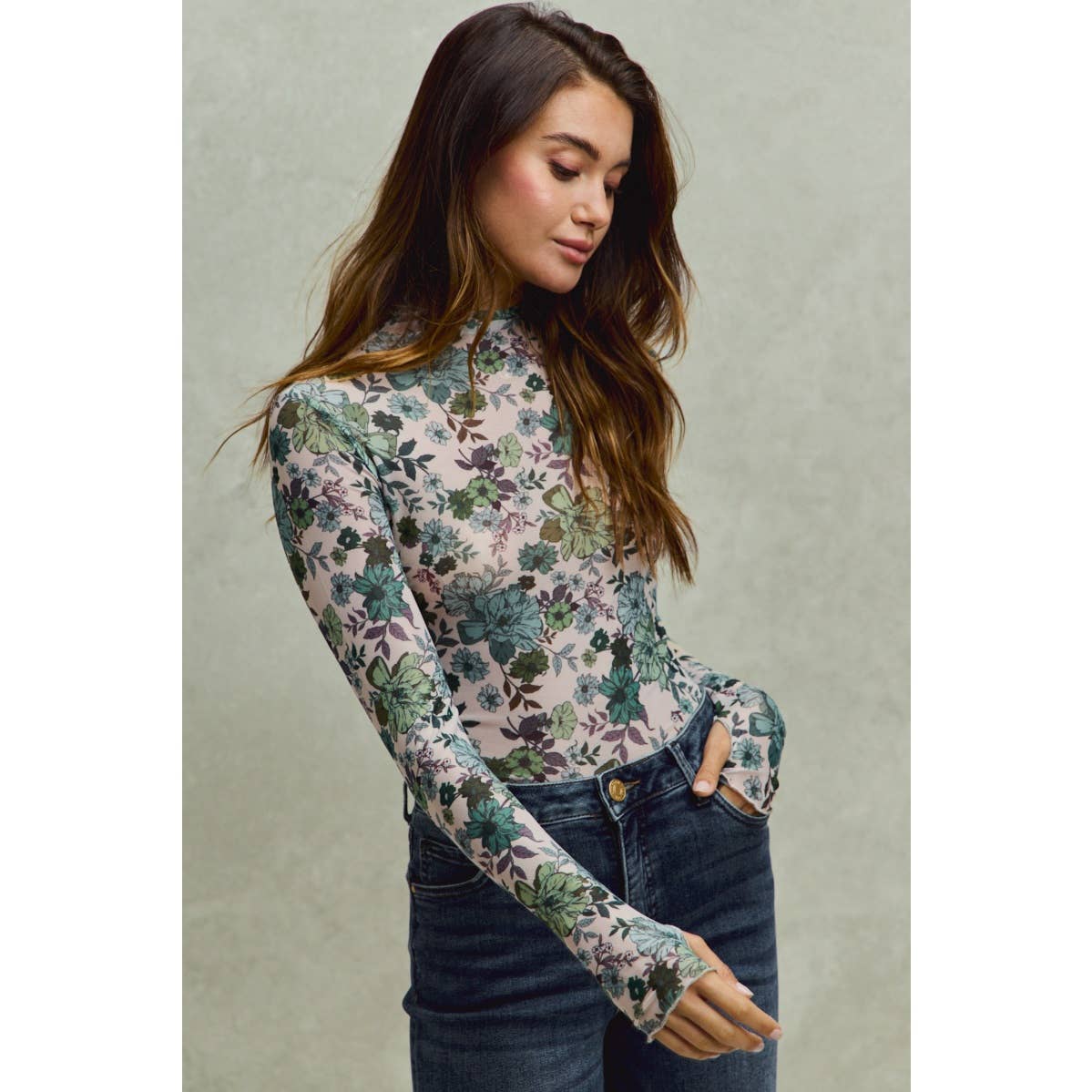 FLORAL PRINT MESH KNIT LONG SLEEVES TOP