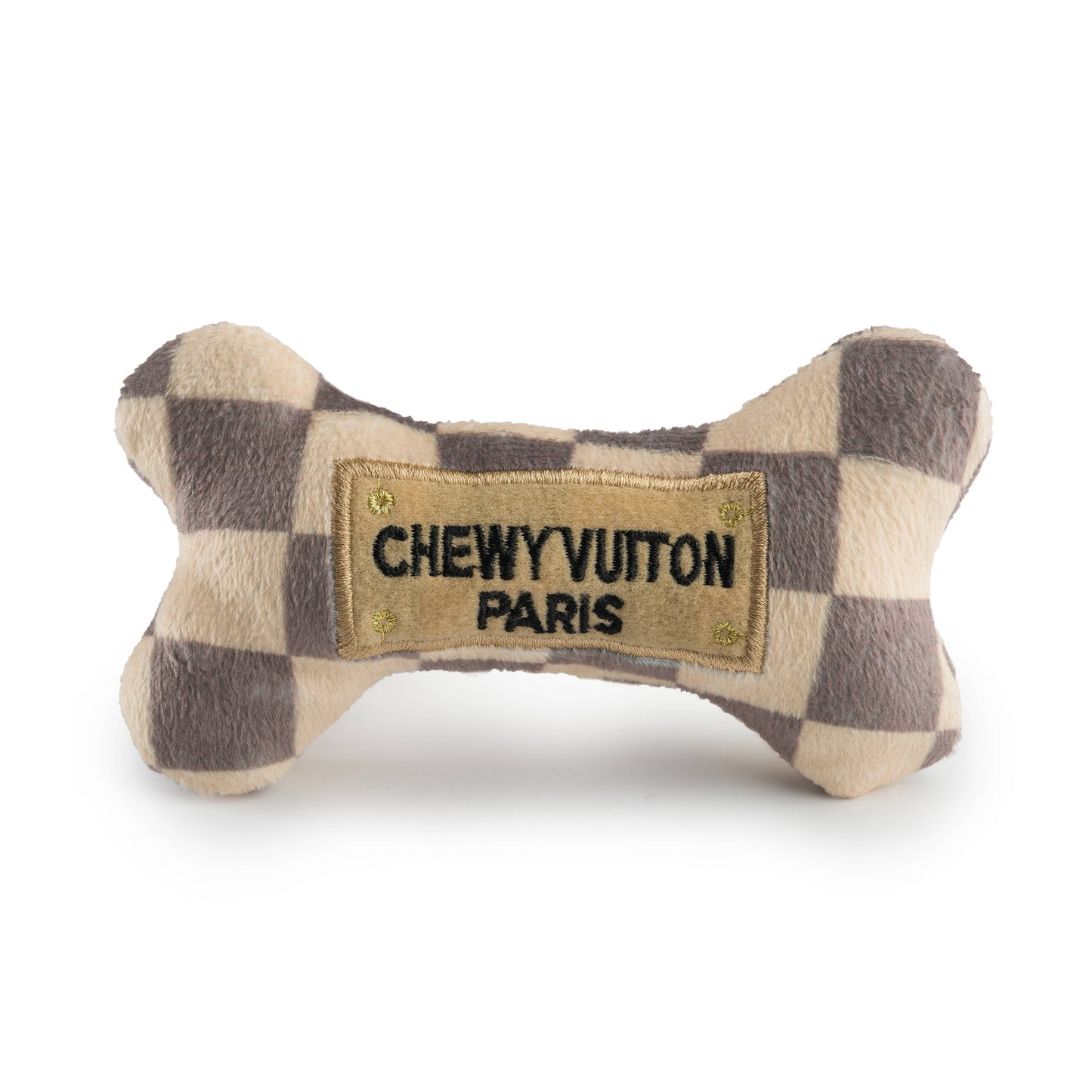 Tan Checker Chewy Vuiton Bones Squeaker Dog Toy