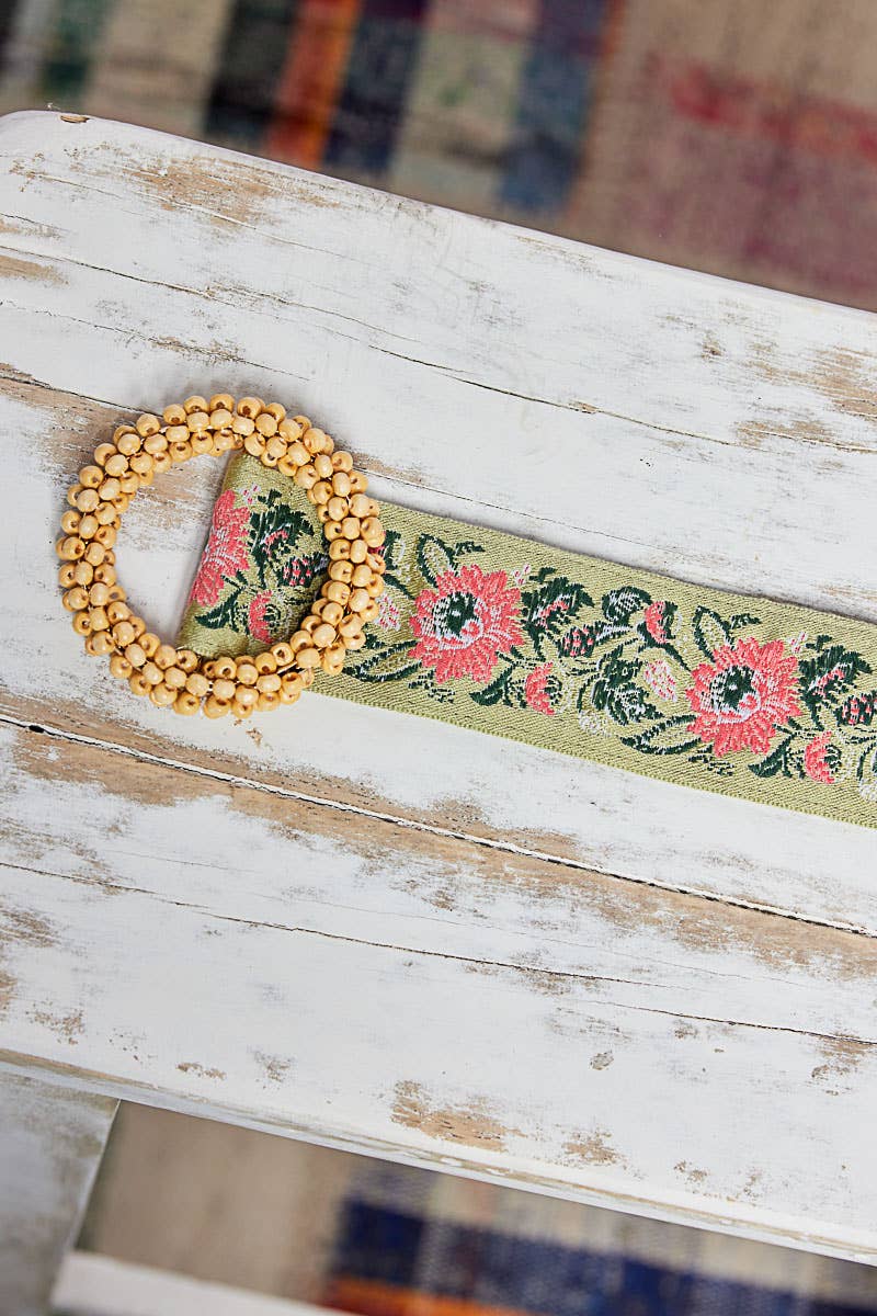 Beaded Round Buckle Floral Belt