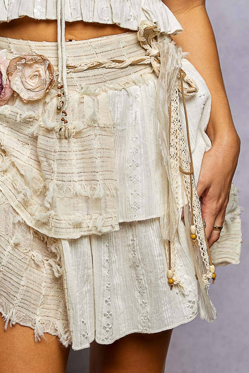 Shirring and Raw Hem Ruffled Cotton A-Line Mini Skirt