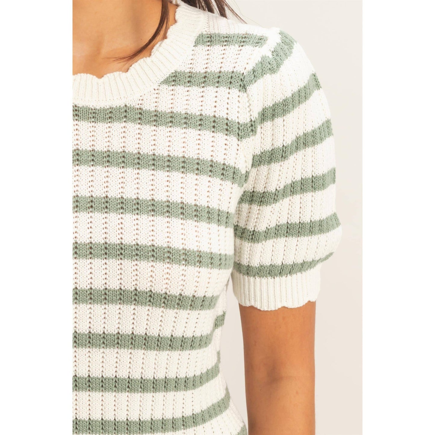 Striped Scallop Edge Puff Sleeve Knit Top