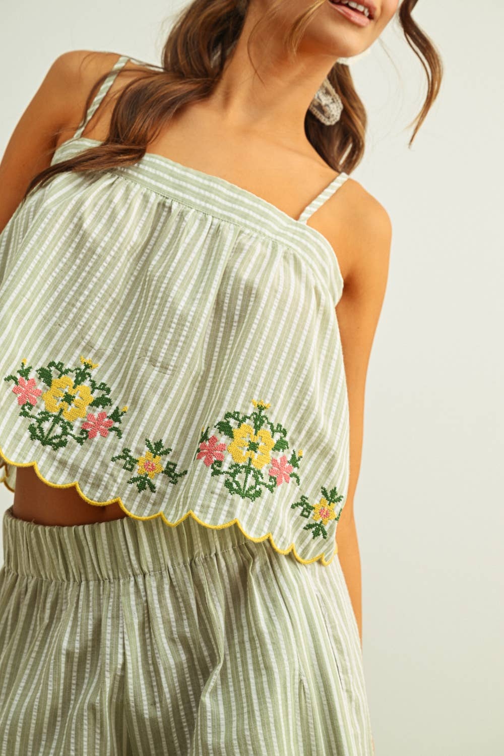 FLORAL EMBROIDERY WITH STRIPED TOP