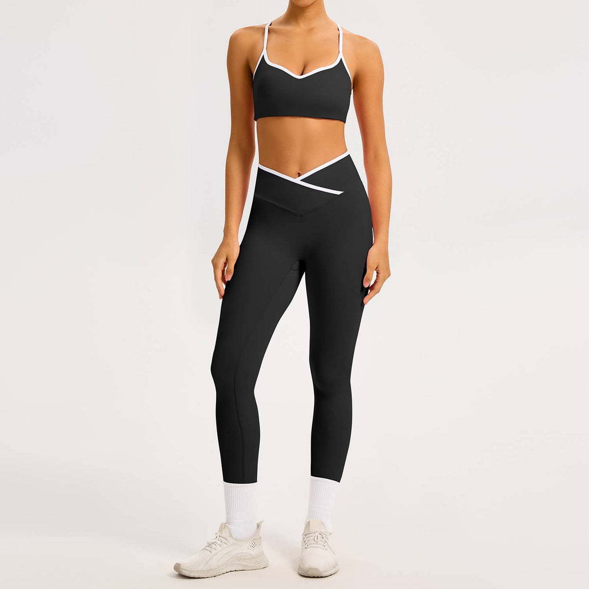 Color-Block Crossover-Waist Sports Bra & Leggings Set