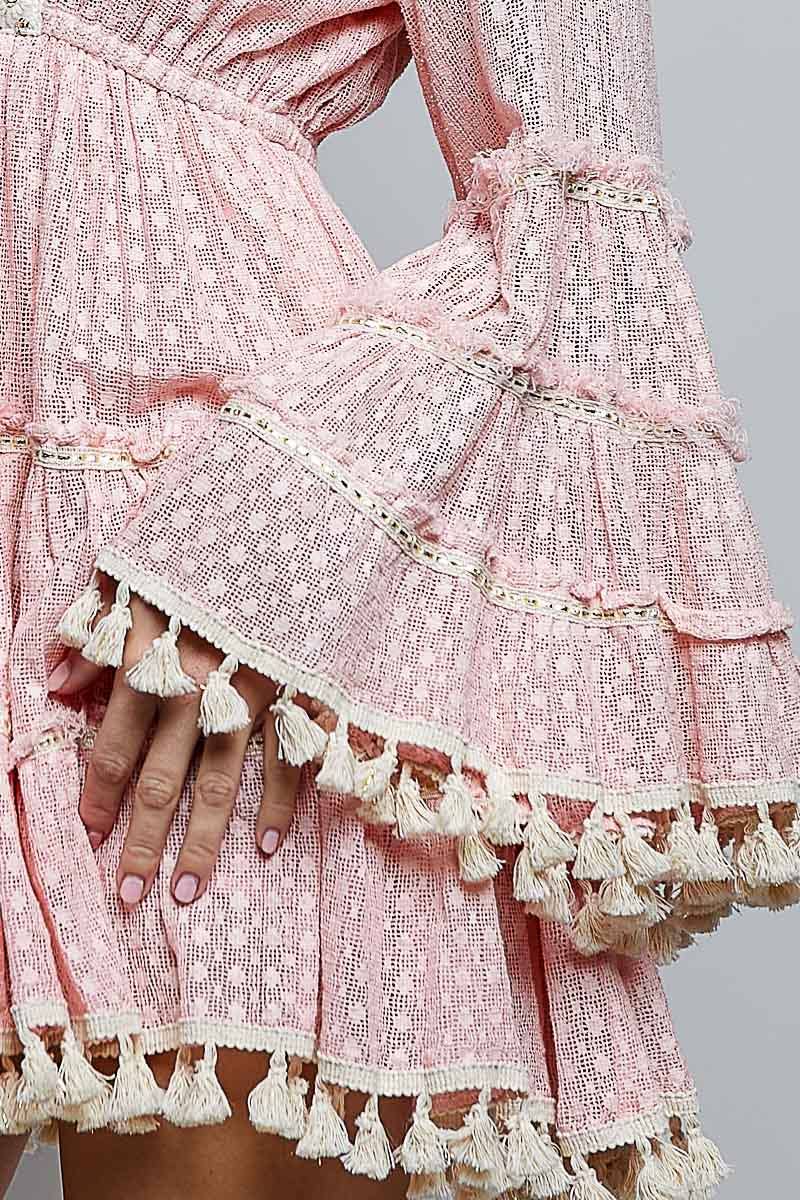 Split Embroidery Tassel Detail V-Neck Flared Short Dress