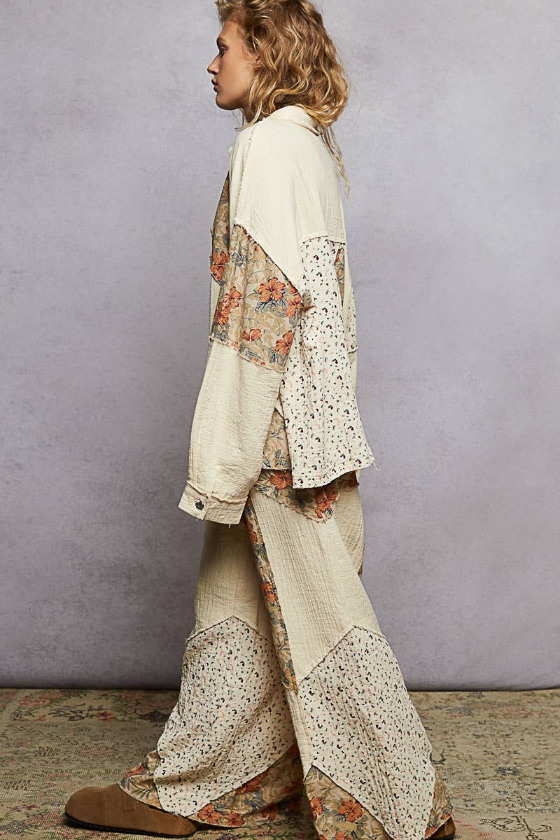 Double gauze varied printed patchwork woven pants