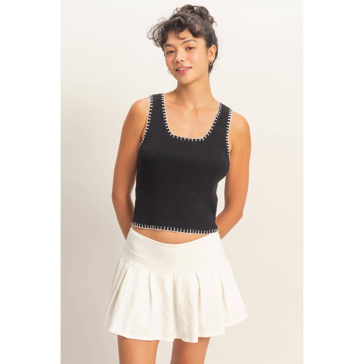 Ribbed Blanket Stitch Square Neck Tank Top