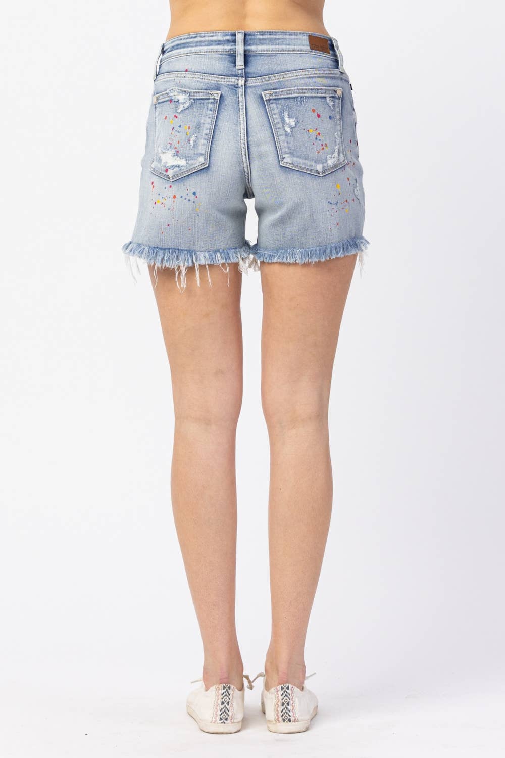 MID-RISE RAINBOW PAINT SPLASH CUTOFF SHORTS