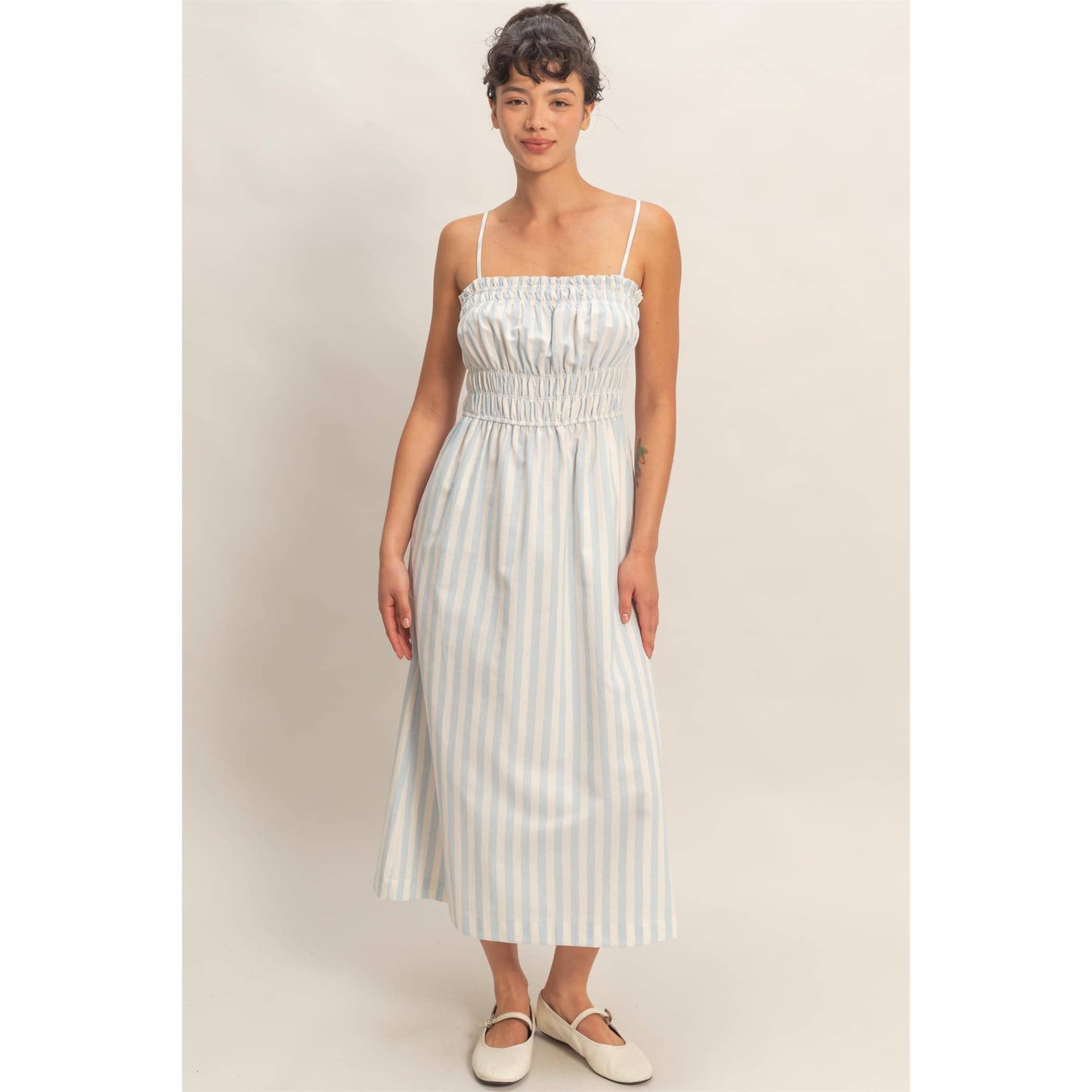 Striped Spaghetti Strap Smocking Midi Dress