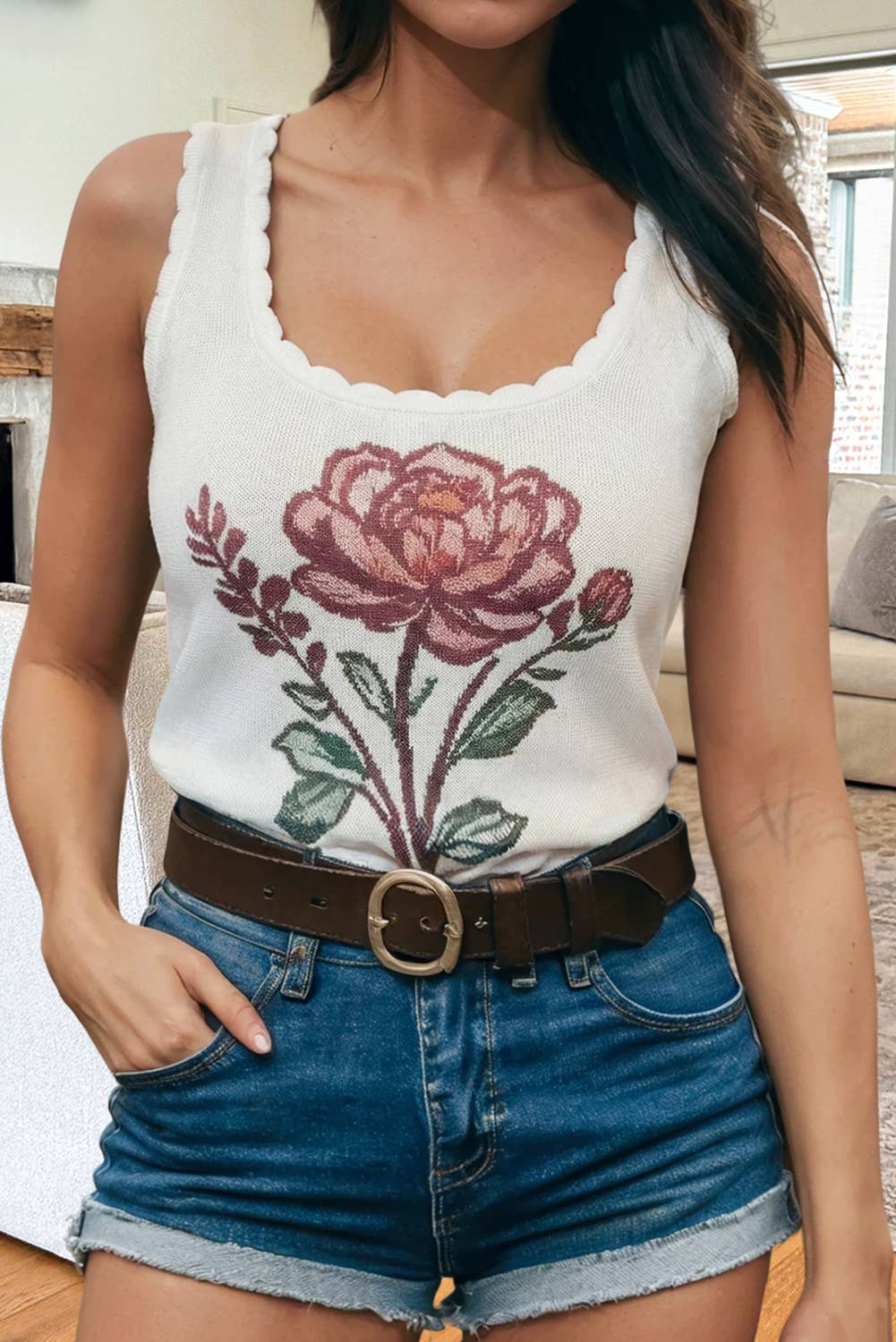 Western Floral Square Neck Knit Tank Top | S-XL
