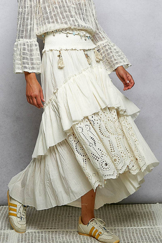 Eyelet Patch Reverse Ruffle Tassel Solid Maxi Skirt