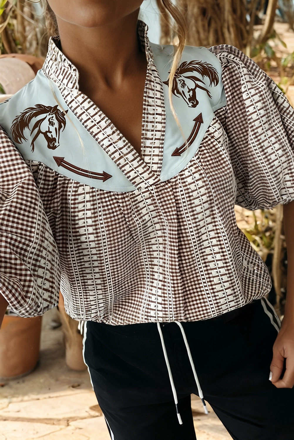 Western Pony Embroidered Gingham Blouse