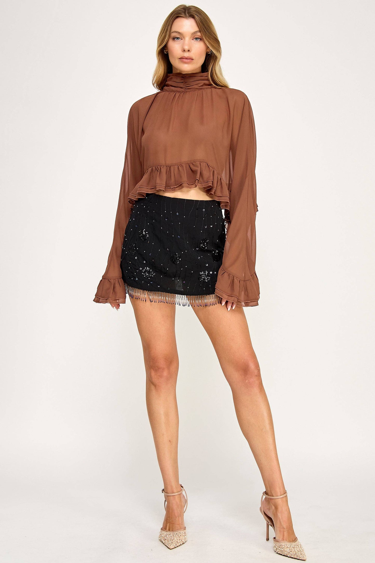 Chiffon Poncho Bell Sleeve Ruffle Crop Top