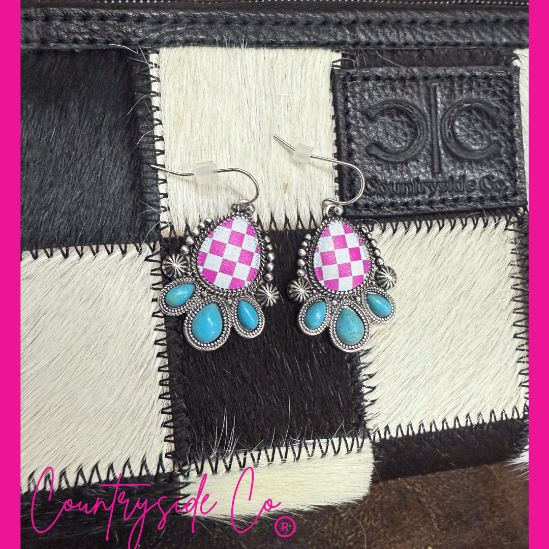Punchy Western Pink Checkered Dangle Earrings