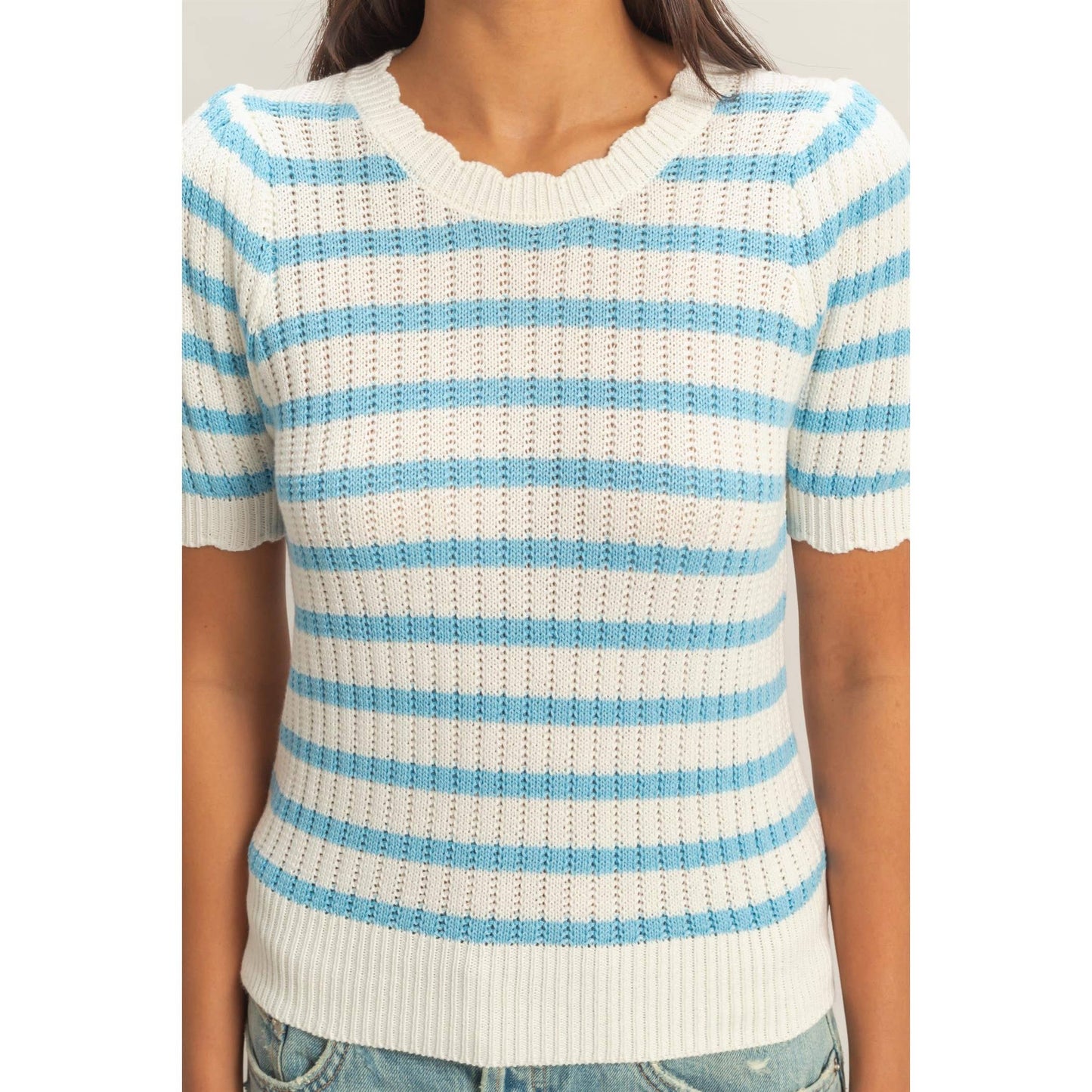 Striped Scallop Edge Puff Sleeve Knit Top