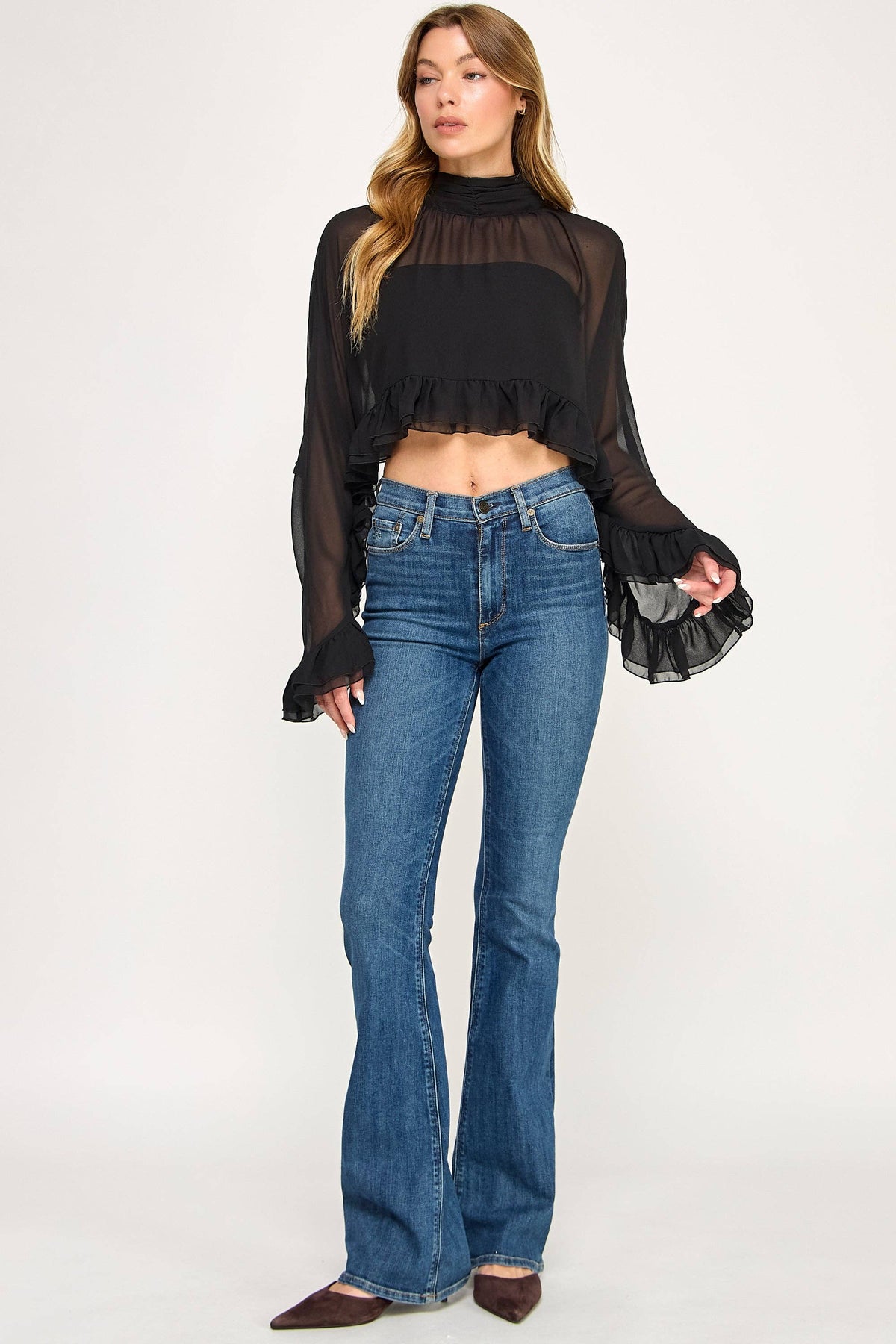 Chiffon Poncho Bell Sleeve Ruffle Crop Top