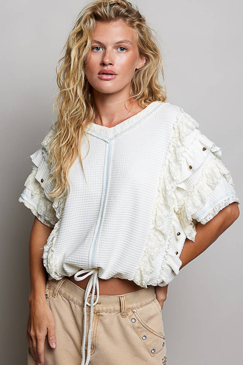 Textured Knit Ruffle Sleeve Lace Top