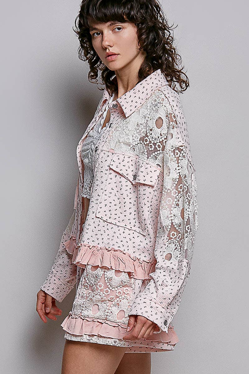 Floral Knit Balloon Sleeve Lace Patch Jacket Top