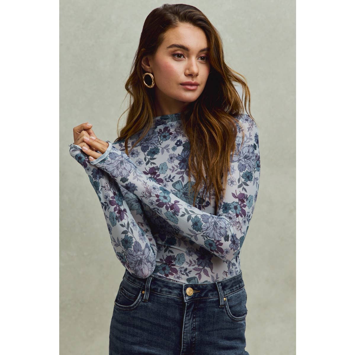 FLORAL PRINT MESH KNIT LONG SLEEVES TOP