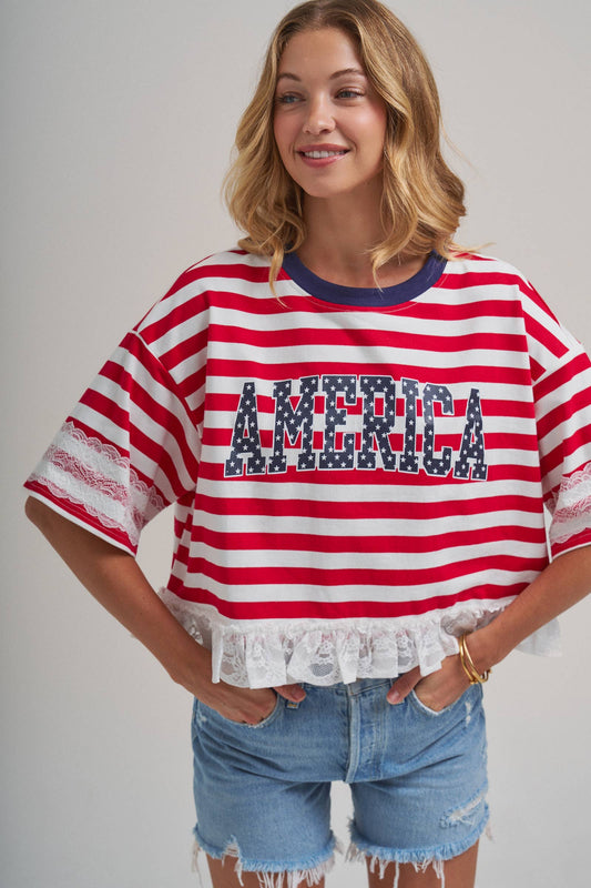 STRIPED AMERICA LETTERING PRINT 4TH OF JULY TOP WITH LACE