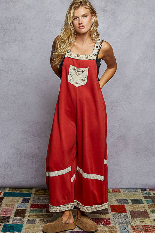 Vintage washing print patch solid French terry knit overalls