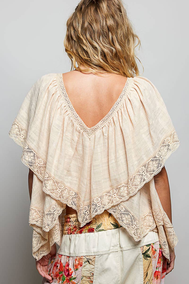 Lace Trim V Ruffle Detail Textured Woven Short Sleeve Top