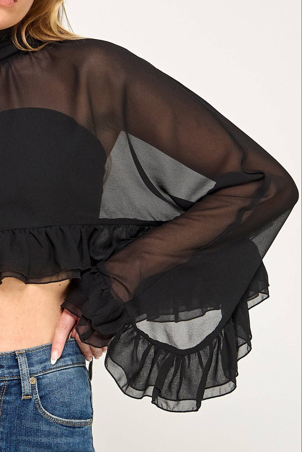Chiffon Poncho Bell Sleeve Ruffle Crop Top
