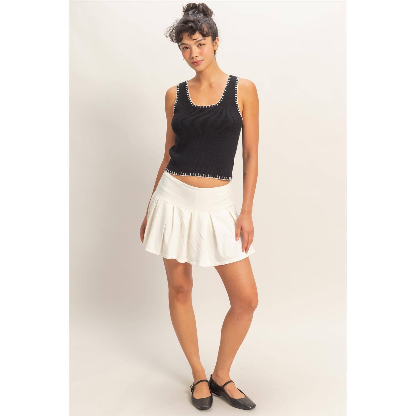 Ribbed Blanket Stitch Square Neck Tank Top