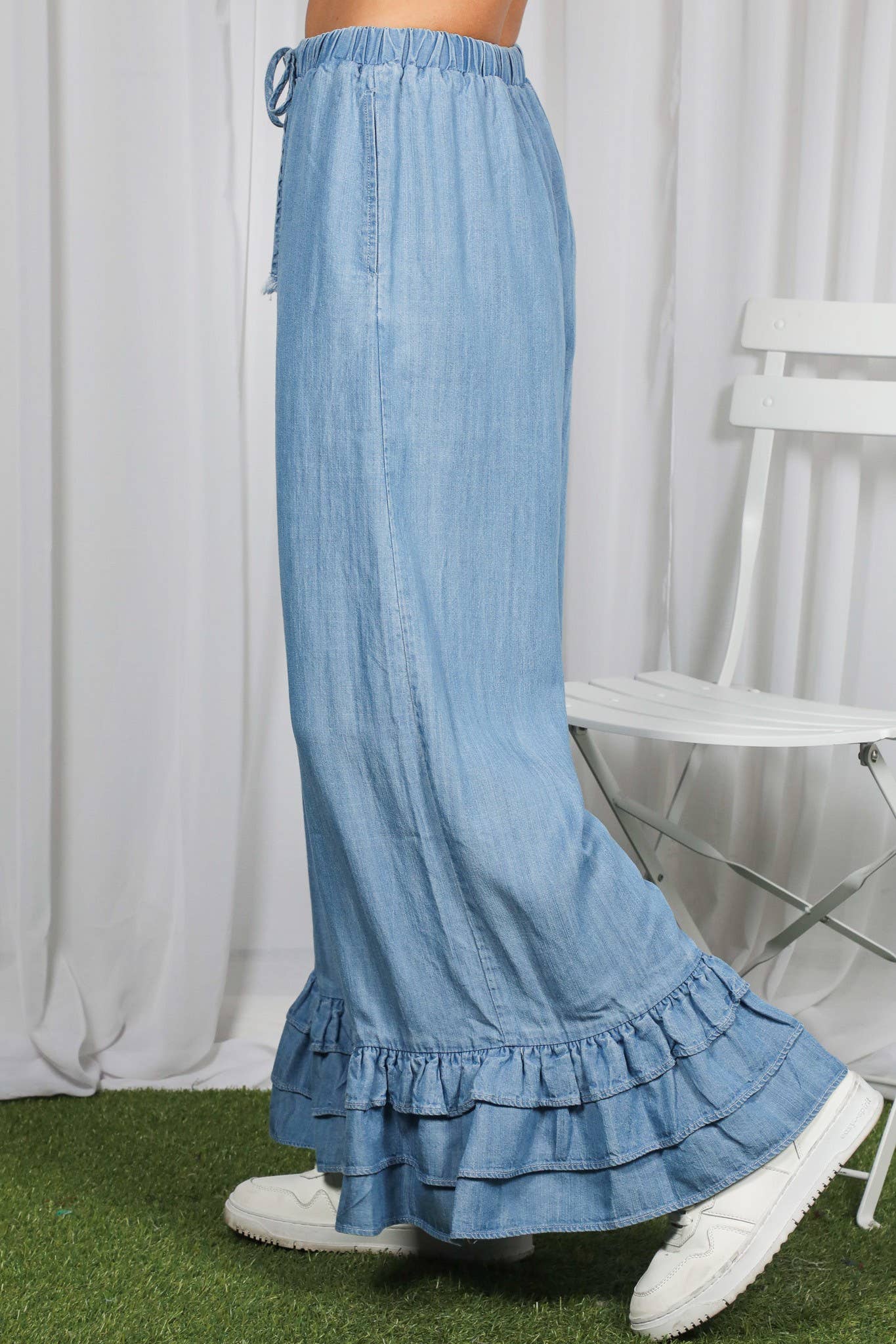 Casual Flared Ruffle Hem Chambray Washed Denim Pants