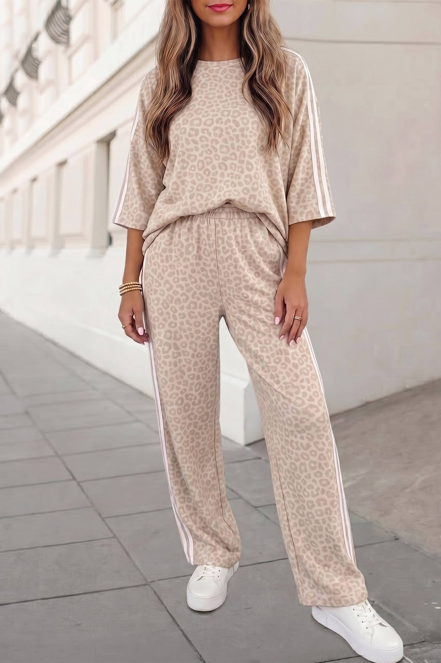 Leopard Print Striped Detail Crewneck Pants Set