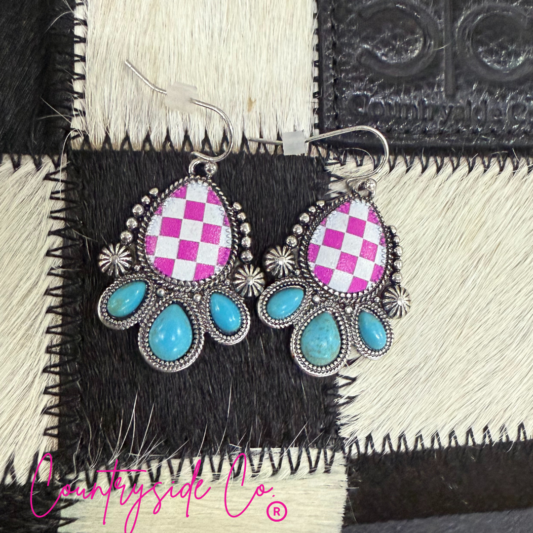 Punchy Western Pink Checkered Dangle Earrings