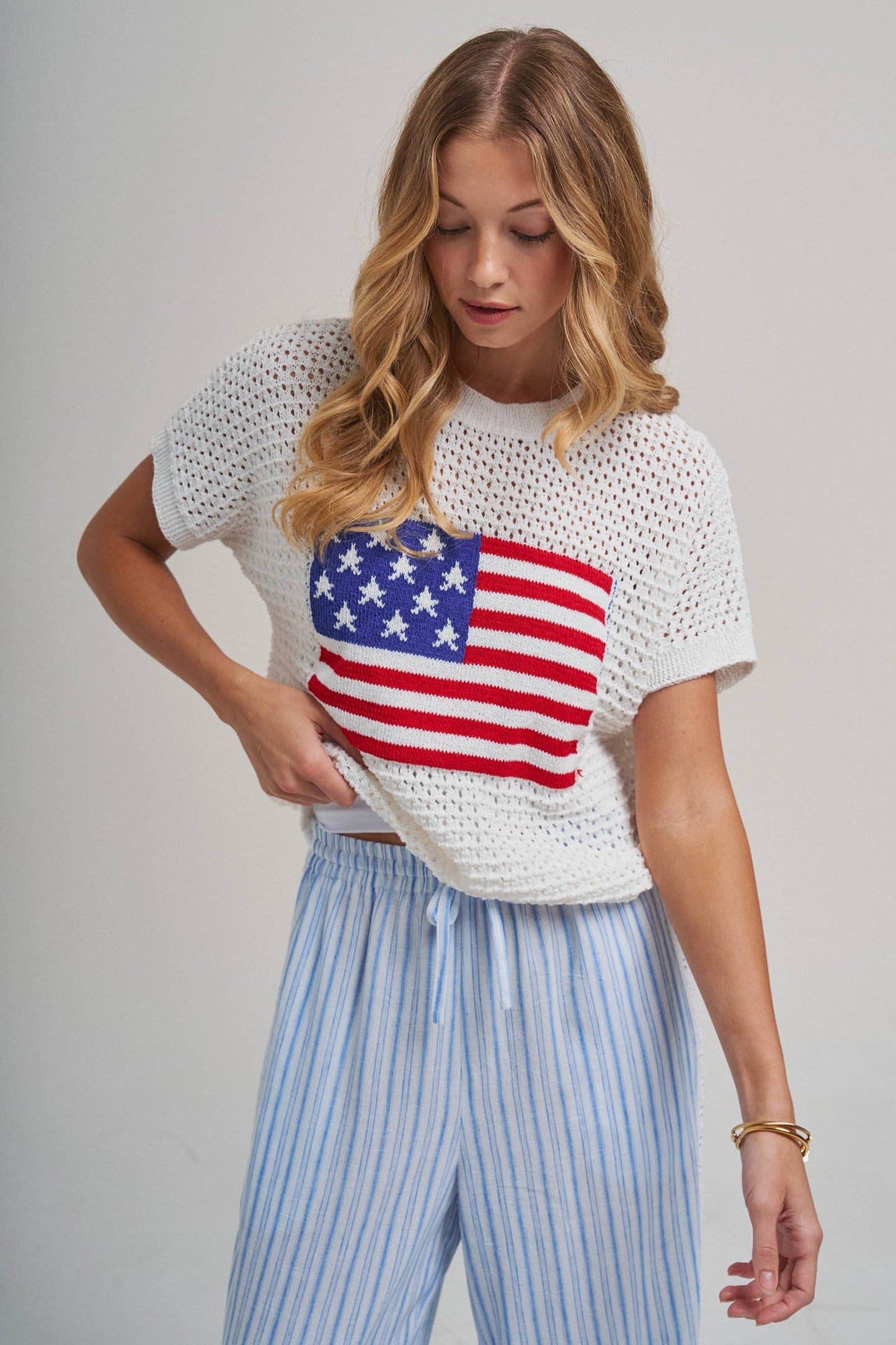AMERICAN FLAG 4TH OF JULY LOW GAUGE SWEATER TOP