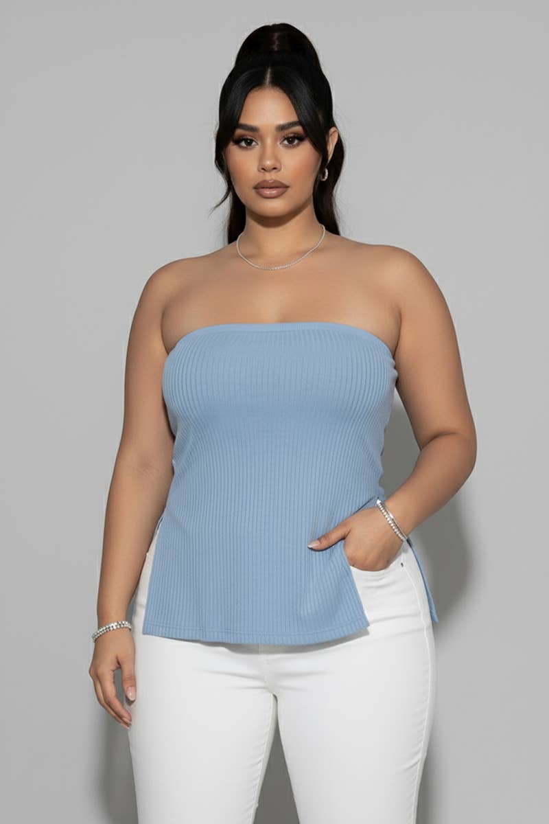 Plus Strapless Ribbed Side-Slit Flare Top