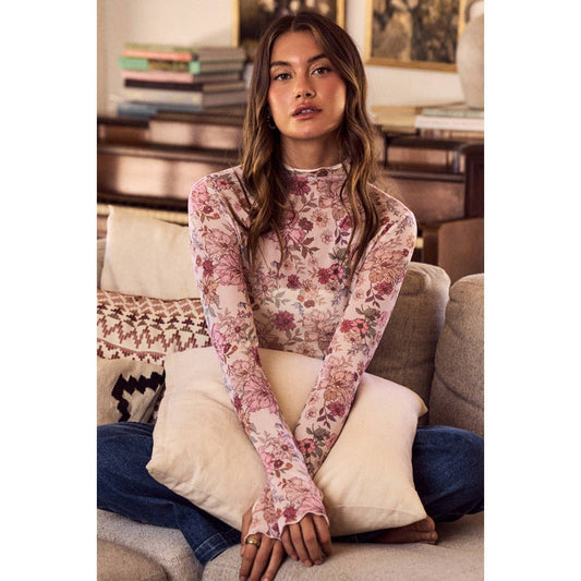 FLORAL PRINT MESH KNIT LONG SLEEVES TOP