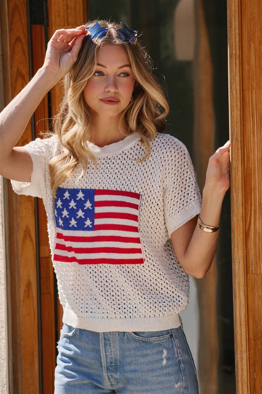 AMERICAN FLAG 4TH OF JULY LOW GAUGE SWEATER TOP