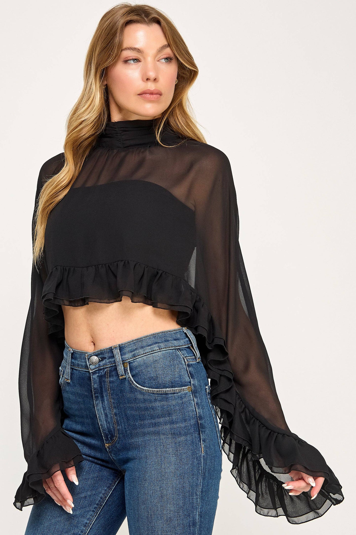 Chiffon Poncho Bell Sleeve Ruffle Crop Top