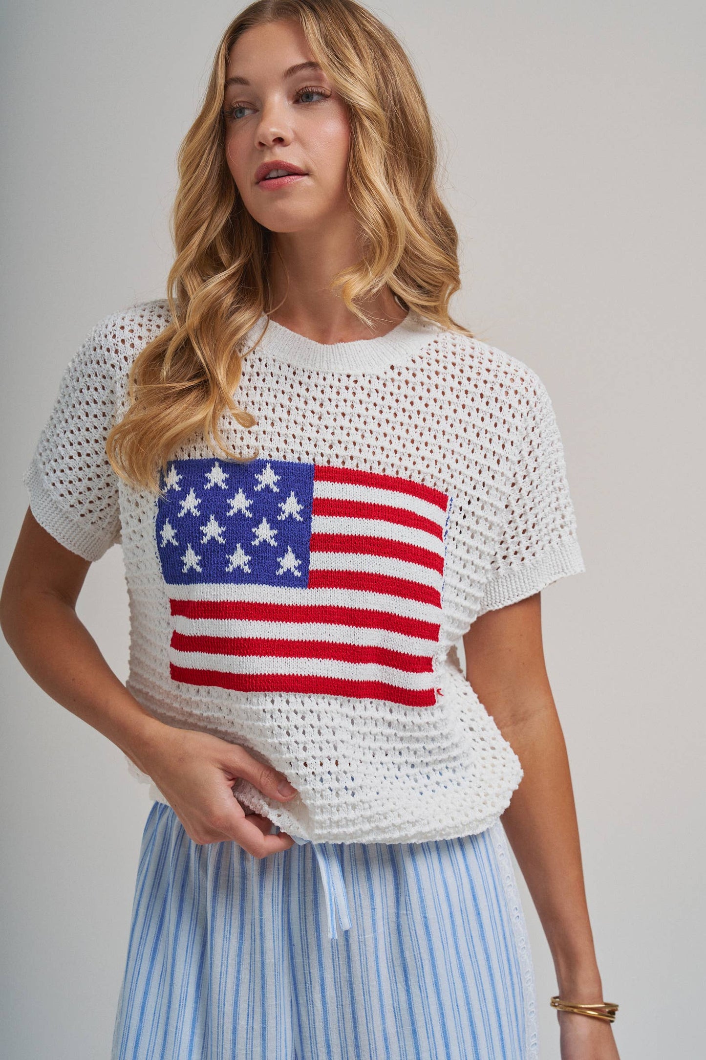 AMERICAN FLAG 4TH OF JULY LOW GAUGE SWEATER TOP