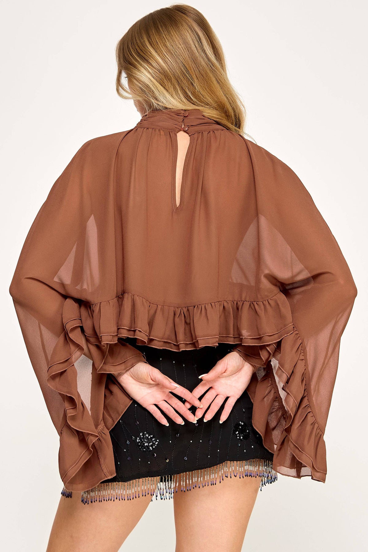 Chiffon Poncho Bell Sleeve Ruffle Crop Top