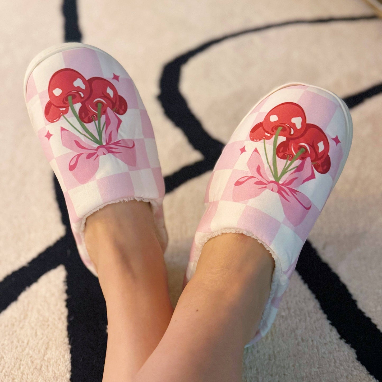 Cherry Bow Check Lounge Slippers - Sweet & Cozy