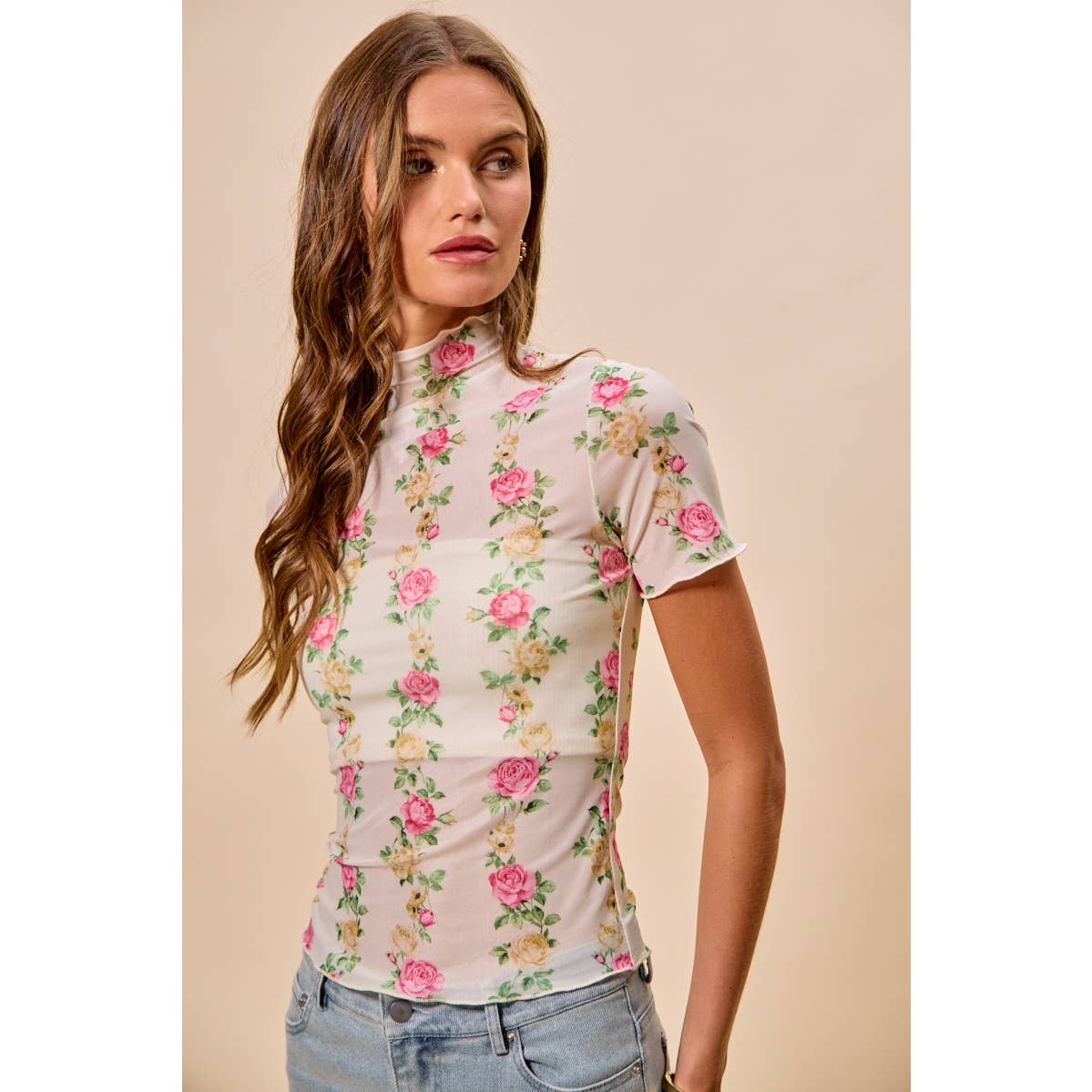 FLORAL ROSE PRINT SHORT SLEEVES MESH TOP