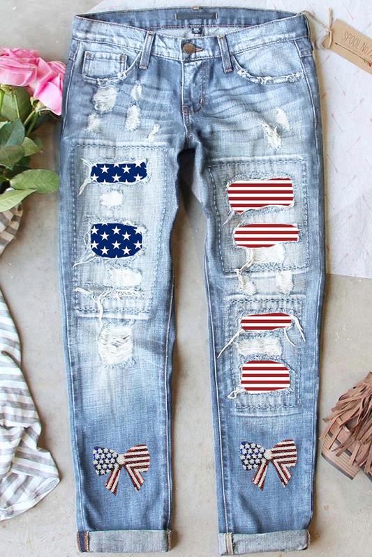 Stars and Stripes Bow Patched Distressed Straight Jeans