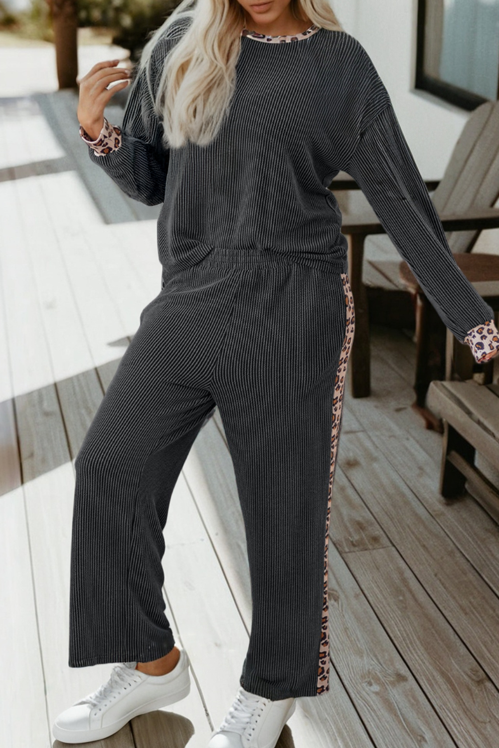 Rib Texture Leopard Patchwork Detail 2pcs Pant Set (S-XL)
