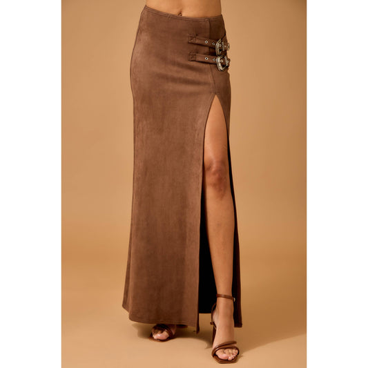 Western Faux Suede Maxi Skirt with High Slit