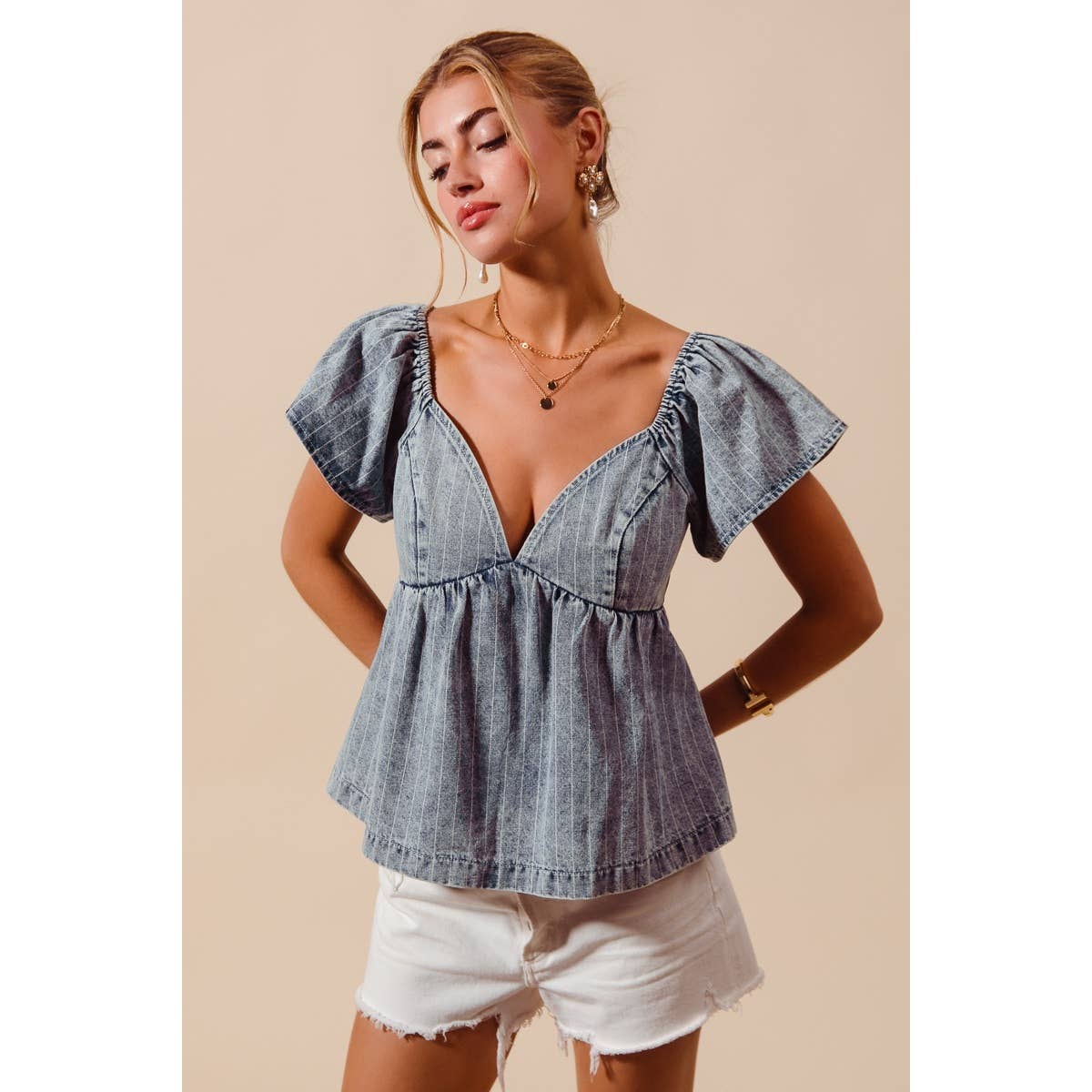 WASHED STRIPE DENIM BABYDOLL TOP