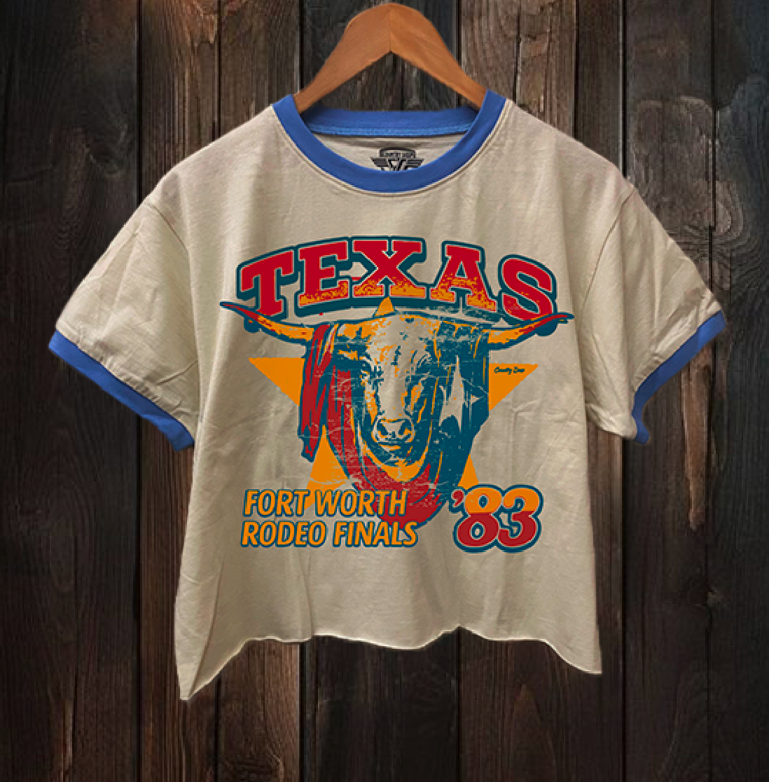Texas 1983 Fort Worth Rodeo finals ringer Relaxed Crop Tee