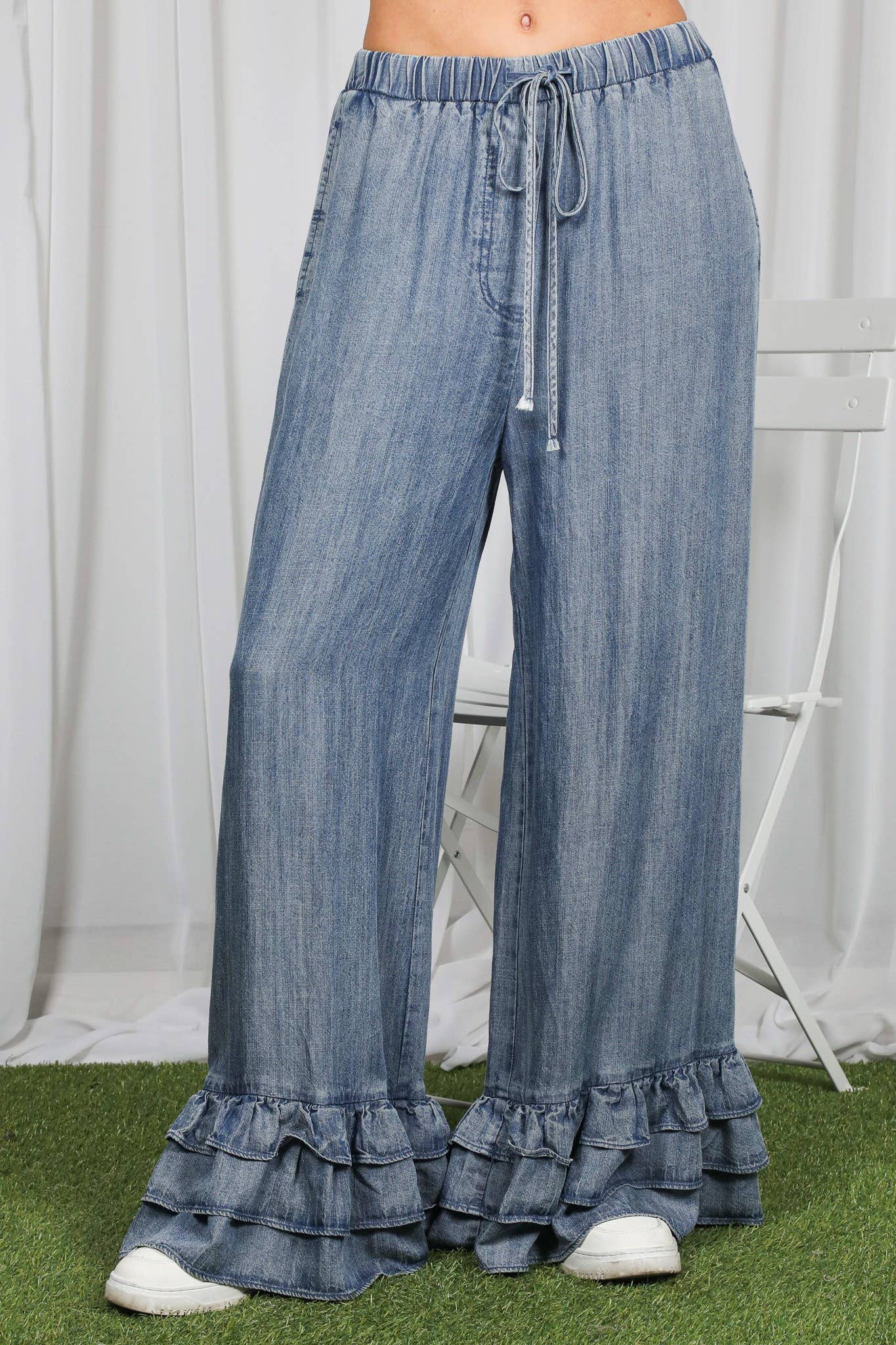 Casual Flared Ruffle Hem Chambray Washed Denim Pants