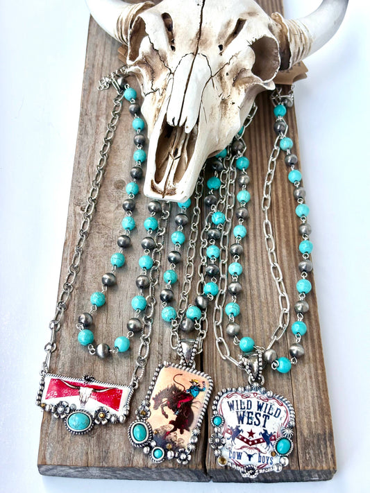 2 Layered Navajo Pearl Turquoise Stone Pendant Necklace