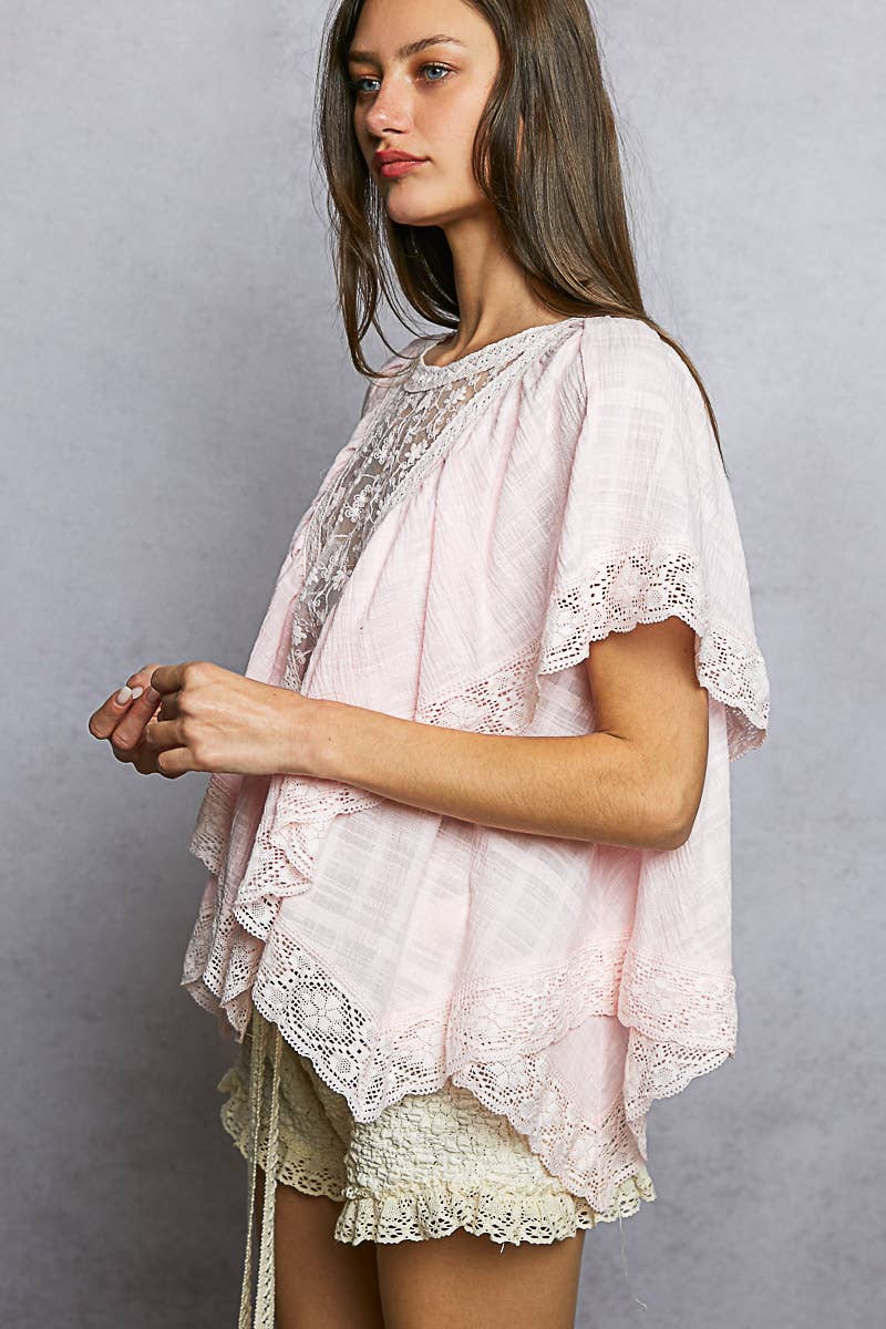 Lace Trim V Ruffle Detail Textured Woven Short Sleeve Top