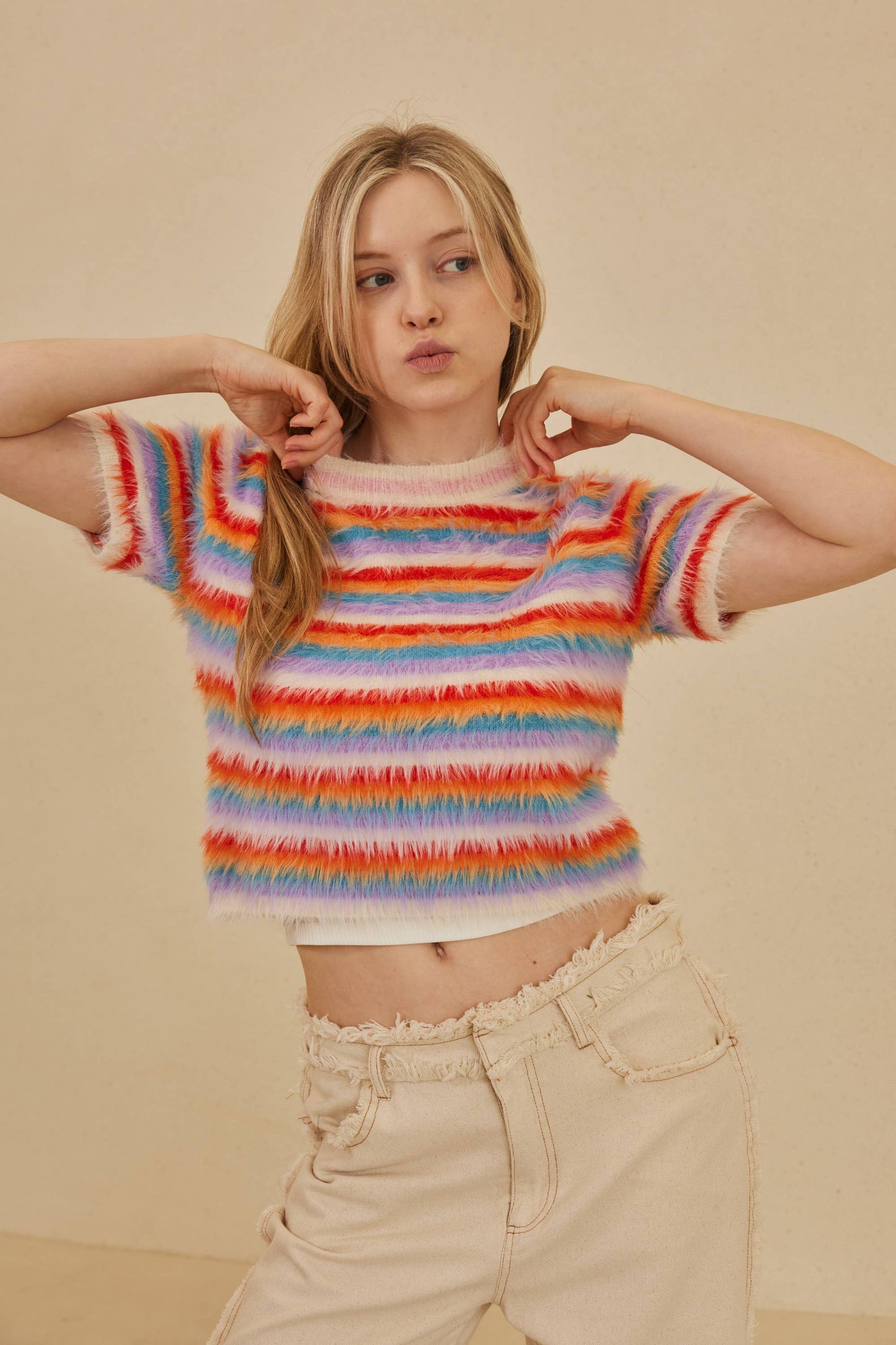Furry Yarn Striped Knit Top