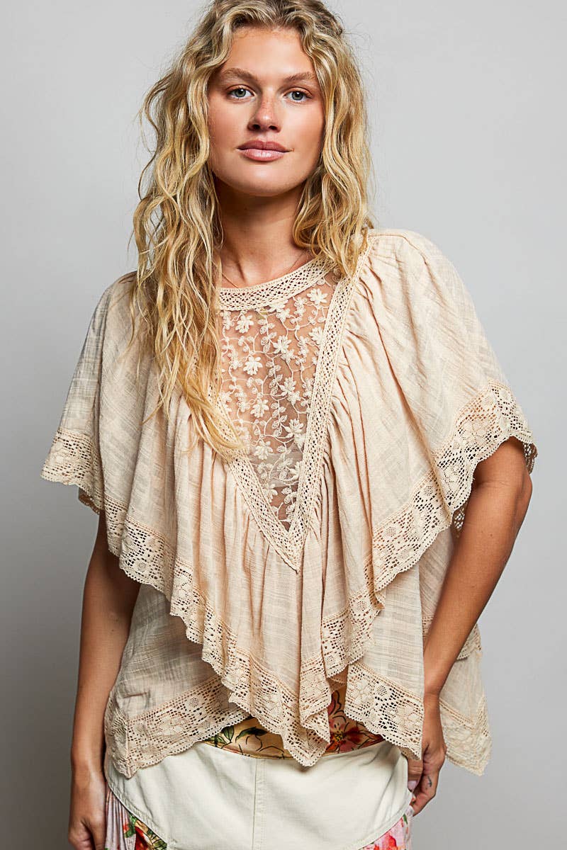 Lace Trim V Ruffle Detail Textured Woven Short Sleeve Top