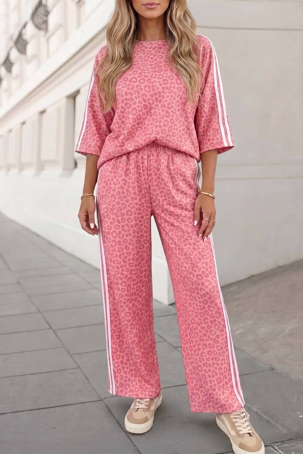 Leopard Print Striped Detail Crewneck Pants Set